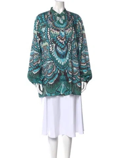 Pre-owned Marina Rinaldi Printed Long Sleeve Blouse In Green