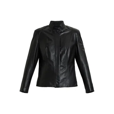 Marina Rinaldi Jersey Side Panel Leather Jacket In Black