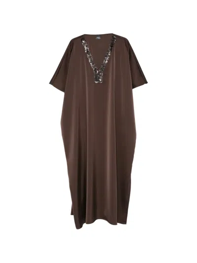 Marina Rinaldi Sequin V-neck Dress In Brown