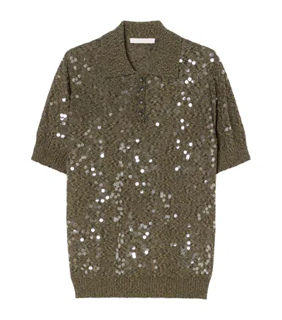 Marina Rinaldi Sequin-embellished Polo Sweater In Brown