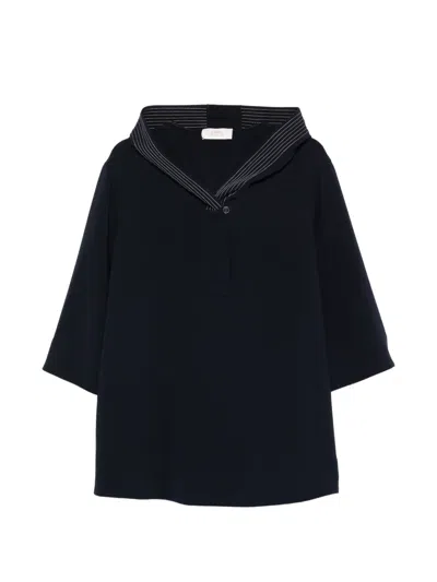 Marina Rinaldi Striped Hooded Blouse In Black