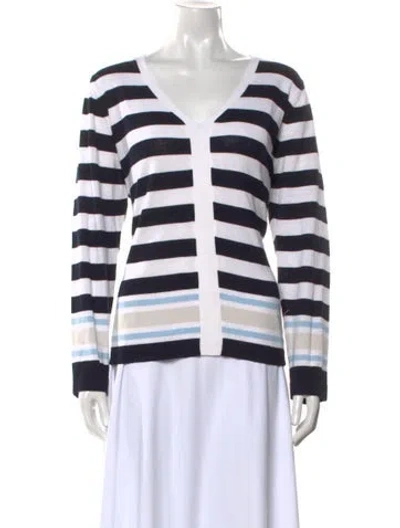 Pre-owned Marina Rinaldi Striped V-neck Sweater In White
