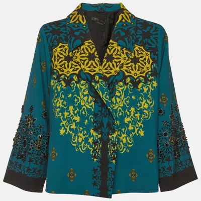 Pre-owned Marina Rinaldi Teal Baroque Damask Print Crepe Blazer Jacket Xl In Green