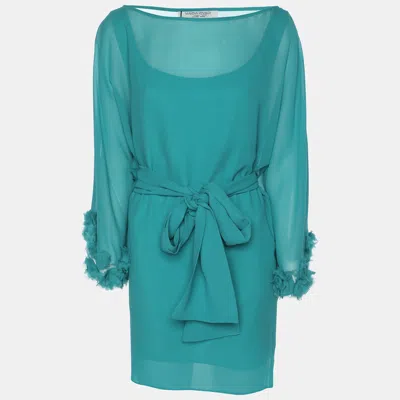 Pre-owned Marina Rinaldi Teal Silk Floral Applique Belted Top L In Green