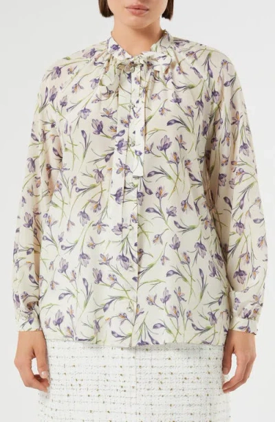 Marina Rinaldi Tie Neck Silk Crêpe De Chine Button-up Shirt In Neutral