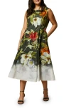 Marina Rinaldi Plus Size Trento Floral Pleated Midi Dress In Black/kaki Big Flower