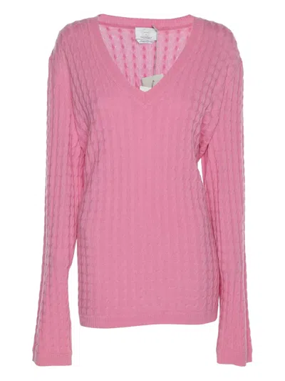 Pre-owned Marina Rinaldi Cable-knit V-neck Sweater In Pink