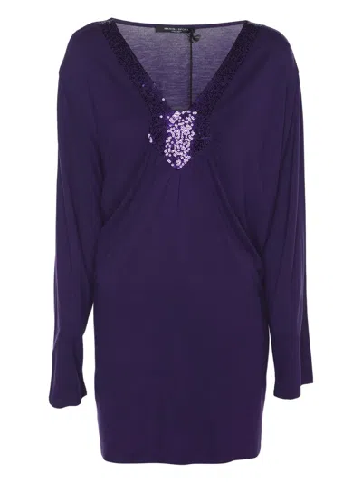 Pre-owned Marina Rinaldi Sequins-detailed V-neck Top In Purple