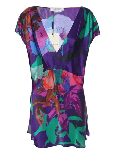 Pre-owned Marina Rinaldi Floral-print V-neck Blouse In Purple