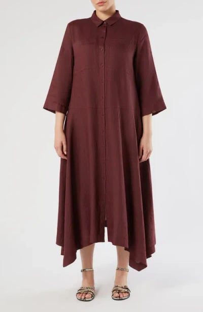 Marina Rinaldi Valpe Shark Bite Hem Linen Maxi Shirtdress In Burgundy