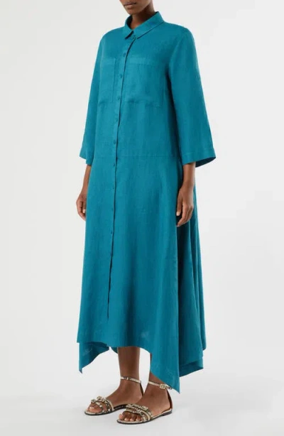 Marina Rinaldi Valpe Shark-bite Hem Linen Shirtdress In Blue