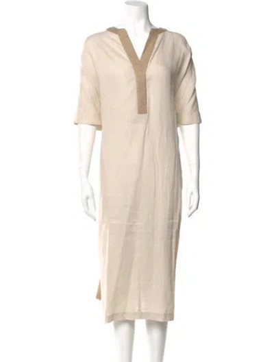 Pre-owned Marina Rinaldi V-neck Midi Length Dress In Neutral