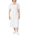Marina Rinaldi Micaela Embroidered Short Sleeve Cotton Midi Dress In Optical White
