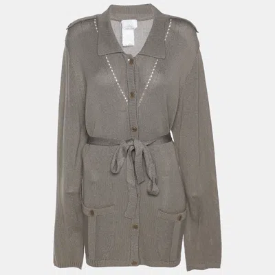 Pre-owned Marina Rinaldi Voyage By  Grey Stretch Knit Belted Cardigan L In Gray