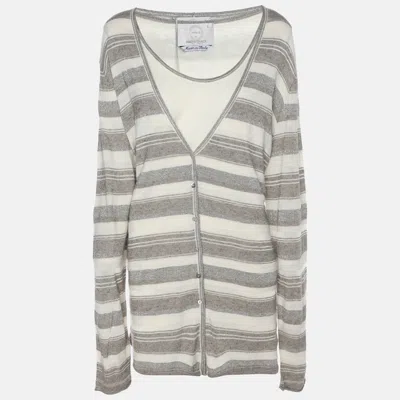 Marina Rinaldi Voyage By  Grey/off White Stripe Stretch Knit Cardigan Set In Gray