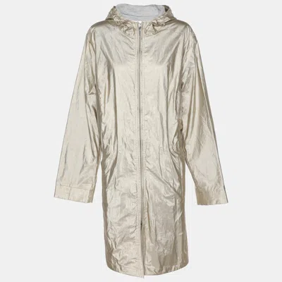 Marina Rinaldi Voyage By  Metallic Satin Parka Voyage Hoodie Jacket In Neutral
