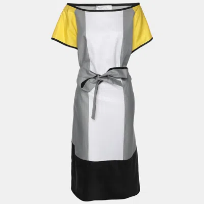 Marina Rinaldi Voyage By  Multicolor Cotton Patchwork Belted Dress In Black