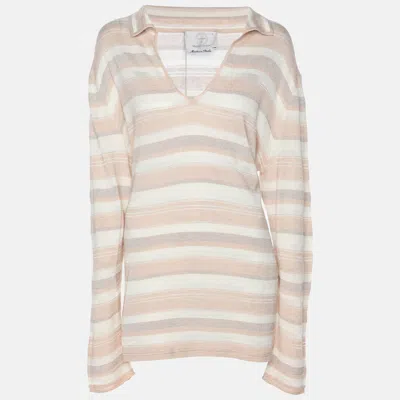 Marina Rinaldi Voyage By  Peach/metallic Stripe Stretch Knit Sweatshirt In Pink