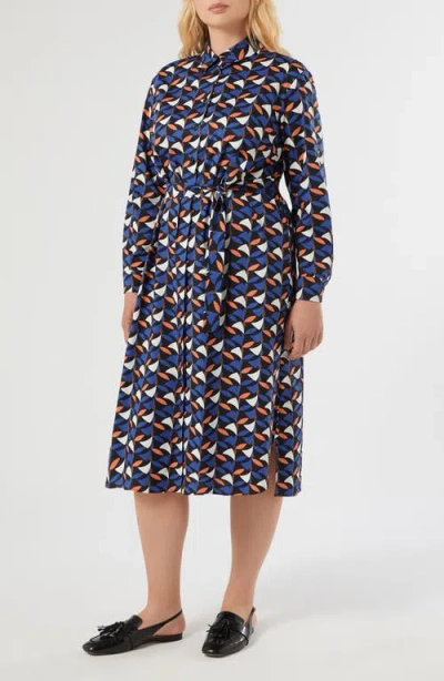 Marina Rinaldi Voyage Collection Print Long Sleeve Stretch Poplin Shirtdress In Blue