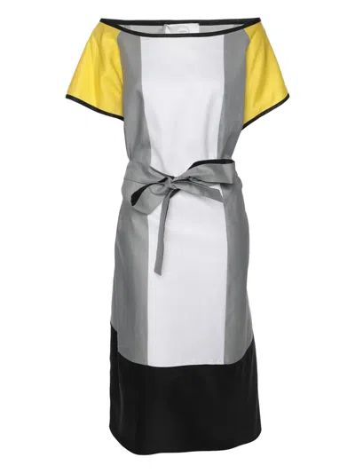 Pre-owned Marina Rinaldi Patchwork Belted Midi Dress In White