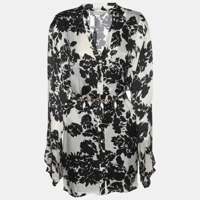 Pre-owned Marina Rinaldi White/black Printed Chiffon Long Sleeve Shirt L