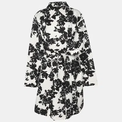 Marina Rinaldi White/black Printed Cotton Blend Belted Overcoat In Multi