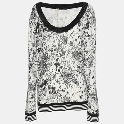 Pre-owned Marina Rinaldi White/black Printed Knit Embellished Neck Top Xl
