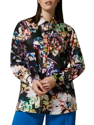 Marina Rinaldi Print Satin Button-up Shirt In Black Jewel
