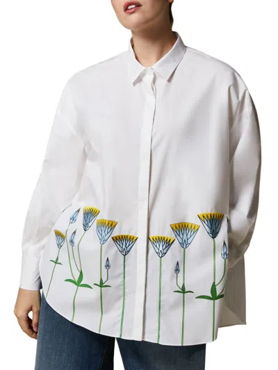 Marina Rinaldi Embroidered Oversized Cotton Poplin Shirt In Optical White