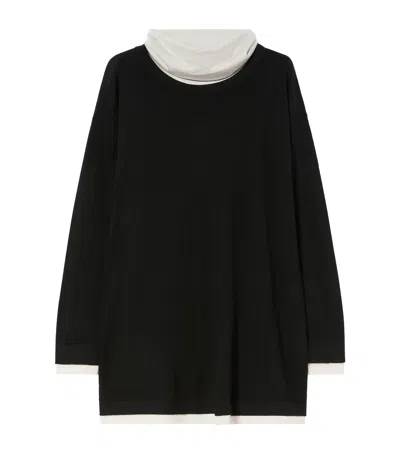 Marina Rinaldi Wool-silk Removable Mock-neck Sweater In Black