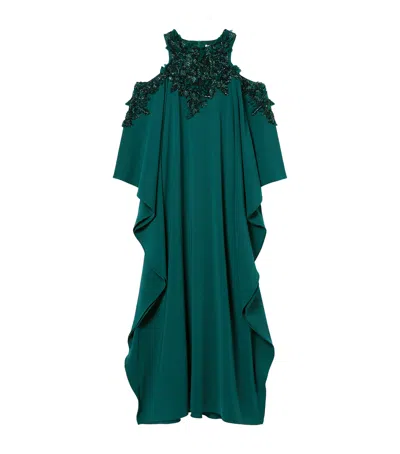 Marina Rinaldi X Tony Ward Embellished Cold-shoulder Maxi Dress In Green