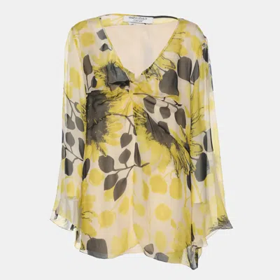 Pre-owned Marina Rinaldi Yello/black Sunflower Print Chiffon Blouse L In Yellow