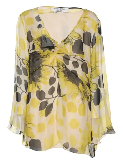 Pre-owned Marina Rinaldi Chiffon Floral-print Blouse In Yellow