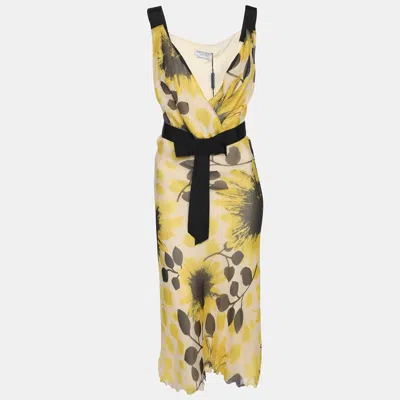 Pre-owned Marina Rinaldi Yellow Chiffon Sunflower Print Sleeveless Dress L