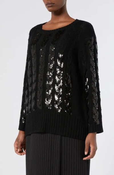 Marina Rinaldi Zac Sequin Cable Stitch Virgin Wool Blend Sweater In Black