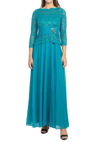 Marina Sequin Lace Bodice Pleated Broach Chiffon Dress In Jade In Blue