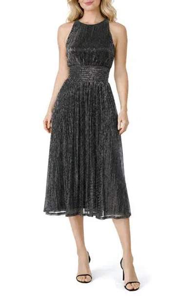 Marina Sleeveless Metallic Plissé Midi Dress In Black