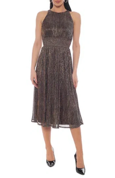 Marina Sleeveless Metallic Plissé Midi Dress In Brown