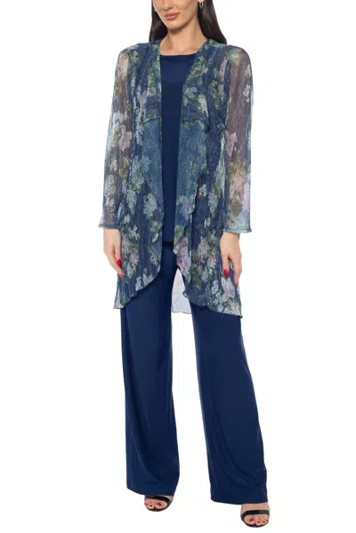 Marina Sleeveless Top And Flowy Wide-leg Pants With Floral Sheer Jacket Three-piece Set In Navy Multi In Blue