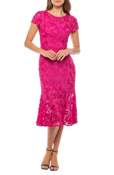 Marina Soutache Cap Sleeve Midi Dress In Magenta