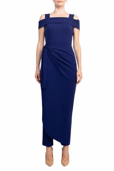 Marina Square Neck Off Shoulder Tie Side Faux Sarong Overlay Crepe Jumpsuit In Indigo In Blue