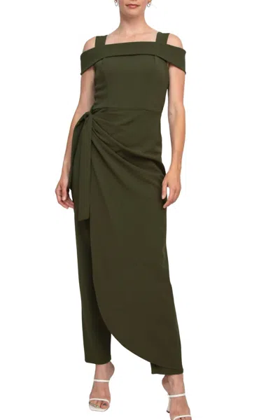 Marina Square Neck Off Shoulder Tie Side Faux Sarong Overlay Crepe Jumpsuit In Olive In Green