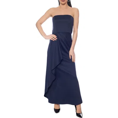 Marina Strapless Draped Side Gown In Blue