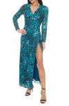 Marina Stretch Lace Long Sleeve Cocktail Dress In Blue