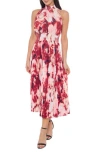 Marina Tie Dye Pleated Midi Dress In Wine/ivy