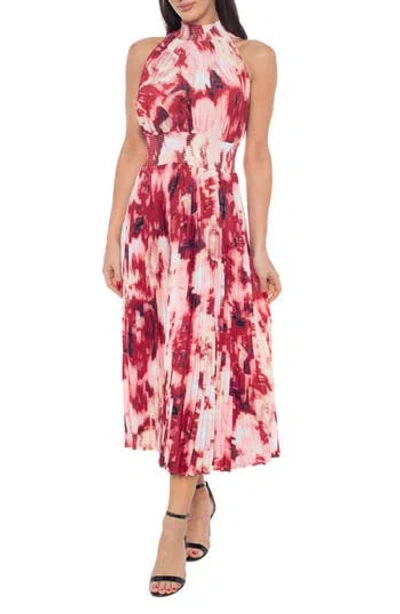 Marina Tie Dye Pleated Midi Dress In Wine/ivy