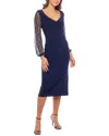 Marina Ity Ruched Long Sleeve Midi Cocktail Dress