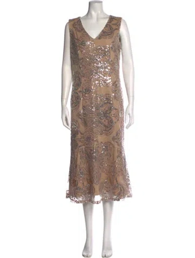 Pre-owned Marina V-neck Midi Length Dress In Neutral