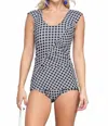 Marina West Swim Cap Shoulder One Piece Swimsuit In Plaid Navy In Multi