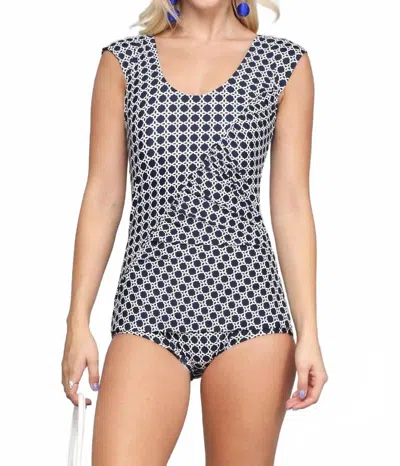 Marina West Swim Cap Shoulder One Piece Swimsuit In Plaid Navy In Multi